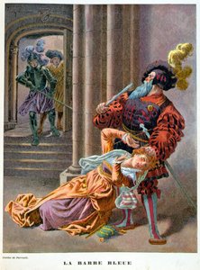 Barbablù (sorpreso mentre prende una donna per i capelli). Illustrazione del XIX secolo.