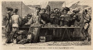 Librai e rigattieri al vento, vicino a Piazza Montanara, sotto una tenda allestita, amatori e chierici si contendono un bric-à-brac di antichità, alcuni leggono lì, altri contrattano con gesti. Incisione per illustrare il viaggio a Roma, di Francis Wey, ne