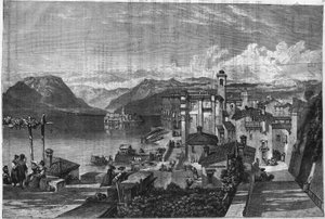 Isole Borromee del Lago Maggiore in Italia: Vista di Isola Bella. Incisione in 