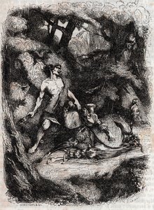 Bradamante abbattuta da un gigante - incisione del 1851 da "Orlando furioso" (XVI secolo) di Ludovico Ariosto, noto come l
