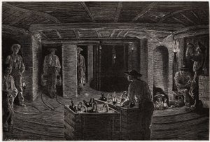 Colazione nella miniera, distribuzione e consumo di pasti in cestini ai minatori nelle gallerie di estrazione del carbone di Creusot. Incisione per illustrare un viaggio a Creusot e alle miniere di Saone e Loira, nel 1865, di L. Simonin, in 