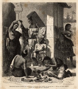 Mercanti birmani vendono tessuti e profumi a donne laotiane alla porta di una pagoda a Muong Mai. Incisione per illustrare il viaggio di esplorazione in Indocina, di Francis Garnier, tenente di vascello, nel 1866-1868, pubblicato in "Le tour du monde" da Unknown artist
