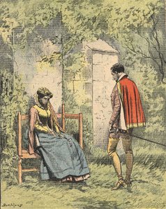 Bussy e Diane, conosciuta come Madame de Monsoreau, nel giardino della Chiesa. Illustrazione del romanzo 