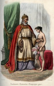 Imperatore bizantino Andronico I Comneno e sua moglie Agnese di Francia costretta a comparire nuda per la sua orgia. Incisione del 1842 in "Histoire des popes" di Maurice Lachatre. Collezione privata.