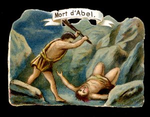 Caino uccide il fratello minore Abele per gelosia (Figli di Adamo ed Eva). Cromolitografia del XIX secolo da Unknown artist