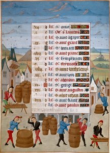 Calendario: Agosto - Fabbricazione di botti di vino - Miniatura del Maestro Jean de Rolin (15° secolo) da 