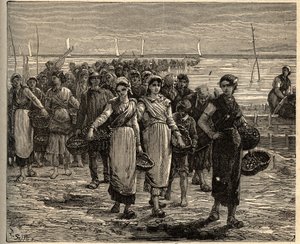 Cancale - Bretagna - Le cancalaises al ritorno delle barche da pesca - incisione in "PATRIE - DESCRIZIONE PITTORESCA DELLA FRANCIA IN 6 VOLUMI BY LUCIEN HUARD - fine XIX secolo