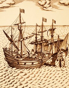 Cattura del galeone spagnolo il Cagafuego dal Golden Hind guidato da Francis Drake nel marzo 1579 (incisione) da Unknown artist