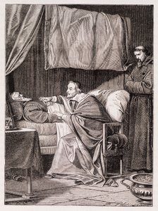 Cardinale Richelieu sul letto di morte di Padre Giuseppe - incisione