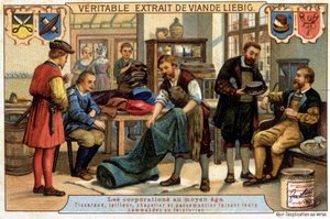 Professioni nel Medioevo: tessitore, sarto, cappellaio e pasticcere che ordinano al lavandaio - Cromolitografia Liebig