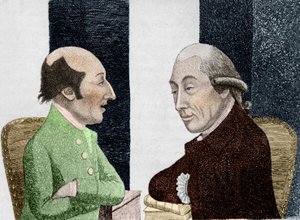 Cartone animato di James Hutton (1726 - 1797) a sinistra e Joseph Black (1728 - 1799) a destra Incisione inizio XIX secolo