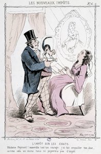 Tassa sui gatti: "Madame Papinard! Raduna tutto il tuo coraggio. Ho fatto imbalsamare il tuo gatto, così almeno non pagheremo la tassa" - caricatura