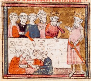 Carlo Magno (742-814) e suo nipote il cavaliere Rolando a un banchetto con i poveri Miniatura da "Grandes Chroniques de France" 1375-1379 Biblioteca Municipale, Castres da Unknown artist