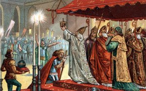 Carlo Magno (742-814) incoronato da Papa Leone III (c750-816) alla basilica di San Pietro a Roma il 25 dicembre 800 - Sacra (Incoronazione) di Carlo Magno (742-814) nel 800 da Papa Leone III.