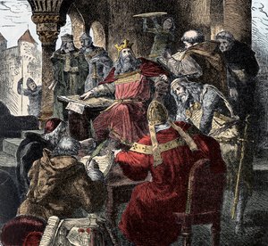 Carlo Magno (742 - 814) sul suo trono presiede l