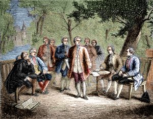 Charles de Secondat Montesquieu con il cenacolo scientifico al Castello di Clairac, Francia - Il cenacolo scientifico del castello di Clairac: Montesquieu e il barone de Secondat, suo figlio, il cavaliere de Vivens, Romas e i fratelli Dutilh - in "Album de