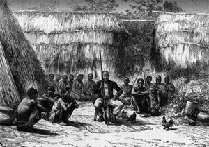 Il capo Makoloko circonda la sua corte in Africa. Incisione in 