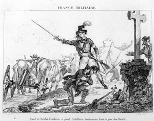 Capo e soldato a piedi. Artiglieria vandeana trainata da buoi. Incisione del XIX secolo da Unknown artist