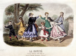Giochi per bambini: piccole ragazze borghesi che fanno il girotondo. Tavola tratta da "Il giornale illustra le mode" da Unknown artist