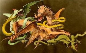 Chimere Un drago che combatte due mostri. Incisione del XIX secolo. da Unknown artist