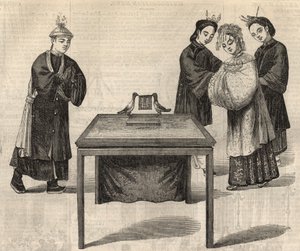 Usanza cinese: firma di un contratto di matrimonio. Una tavoletta con i nomi dei due sposi è posta su un tavolo con due colombe. Incisione in "The Illustrated London News" del 14 febbraio 1857. da Unknown artist