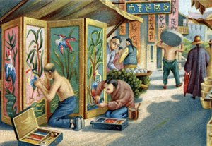 Plumassiers cinesi che lavorano per strada: realizzano pannelli o schermi usando un ago e piume. Cromolitografia del XIX secolo da Unknown artist