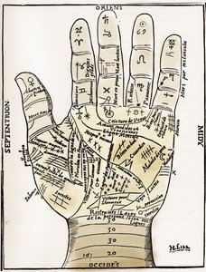 Chiromanzia - PALMISTY CHART - Diagramma planetario e zodiacale della mano sinistra - Xilografia da "Various Oeuvres" di Jean Belot, Lione, Francia da Unknown artist