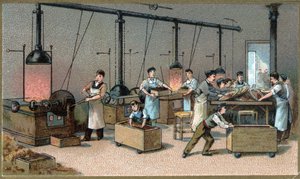 Produzione di cioccolato. Sala di torrefazione del cacao. Cromolitografia della fine del XIX secolo da Unknown artist