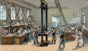 Produzione di cioccolato: stampaggio. Cromolitografia della fine del XIX secolo da Unknown artist