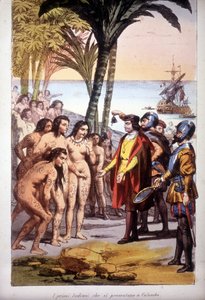 Lo sbarco di Cristoforo Colombo a San Salvador (Bahamas) il 12/10/1492: i primi indiani appaiono davanti a Colombo. Incisione del 1850 da Unknown artist