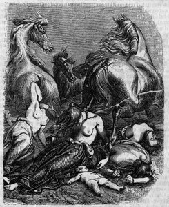 Guerra dei Cimbri intorno al 120 a.C.: donne, anziani e bambini della tribù degli Ambroni si gettano sotto i cavalli nemici o muoiono per evitare la schiavitù da parte dei Romani. da Unknown artist