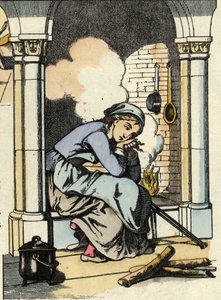 Cenerentola sogna una vita migliore vicino al camino della cucina. Illustrazione della fiaba di Charles Perrault "Cenerentola o La piccola scarpetta di vetro"