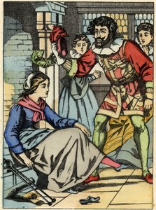 Cenerentola prova la scarpetta di vetro trovata dal principe. Illustrazione del racconto di Charles Perrault "Cenerentola o La piccola scarpetta di vetro"