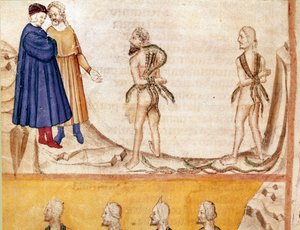 Cerchio dei ladri: Vanni Fucci (XIII secolo) predice a Dante e Virgilio la sconfitta dei Guelfi Bianchi. Pagina miniata che illustra il XXIV canto dell
