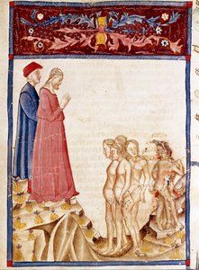 Cerchio dei Traditori: Dante e Virgilio incontrano le anime dei traditori dei benefattori. Pagina miniata che illustra il 34° canto dell