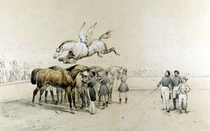 Spettacolo circense: un cavallo alato salta sopra tre cavalli bendati da Unknown artist