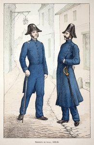 Sergenti della città (1829-1830). Acquaforte a colori, per illustrazione “Histoire du corps des gardiens de la paix” libro pubblicato sotto gli auspici di Louis Lepine (1846-1933) prefetto di polizia della Senna, di Alfred Rey (1864-?) e Louis Feron (1862-