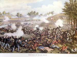 Guerra Civile Americana (1861 - 1865), Prima Battaglia di Bull Run o Prima Battaglia di Manassas: Virginia, i Confederati comandati dal Generale Beauregard sconfissero le truppe nordiche del Generale Mac Dowell. Incisione da Unknown artist