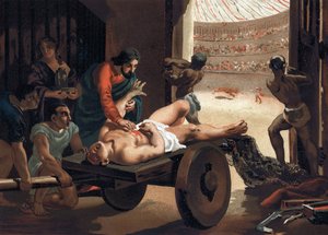 Claudio Galeno (Klaudios Galenos o Claudio Galeno o Claudius Galenus o Galeno, v. 131 - v. 201), medico greco che cura un gladiatore. Barcellona 1881 da Unknown artist