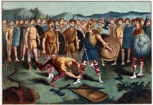 Clodoveo (465-511) e il guerriero franco che ruppe il Vaso di Soissons nel 486 - Clodoveo I che abbatte il soldato che aveva rotto il Vaso di Soissons, nel 486. Cromolitografia del XIX secolo da Unknown artist