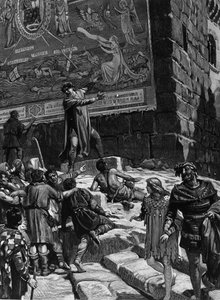 Cola di Rienzo (1314-1354), nella campagna per diventare tribuno del popolo romano, spiega al popolo di Roma gli affreschi che aveva installato in Campidoglio simboleggianti l