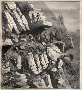 Costruzione di una strada di montagna nelle Alpi - Incisione in 