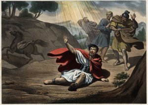 Conversione di San Paolo. Visione di Cristo sulla via di Damasco, dopo la quale San Paolo si convertì al cristianesimo che aveva combattuto fino ad allora. Incisione anonima della metà del XIX secolo