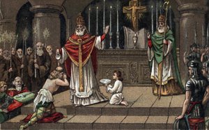 Conversione di Widukind o Witikind davanti a Carlo Magno nel 785. Cromolitografia della fine del XIX secolo