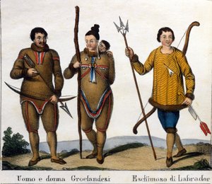 Costume. Sinistra: Coppia di eschimesi della Groenlandia con il loro bambino. Destra: Eschimese del Labrador. Litografia inizio XIX secolo
