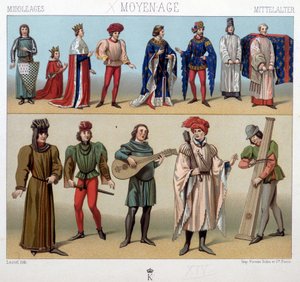 Costumi e musicisti nel Medioevo dal XIII al XV secolo. In "Le costume historique" di A. Racquet da Unknown artist