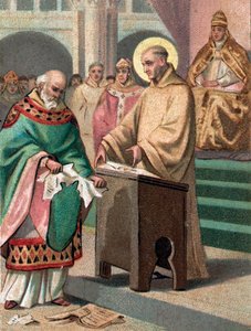 Concilio di Reims nel 1148: San Bernardo di Chiaravalle (1090-1153) accusò Gilbert de la Porrée, vescovo di Poitiers, di eresia - Cromolitografia della fine del XIX secolo da Unknown artist