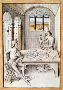Artigianato: fabbricante di arpe. Un laboratorio di fabbricazione di strumenti. Miniatura da un manoscritto de "Le favole di Bidpai"