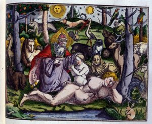 Creazione: Dio rappresentato circondato da esseri umani e animali (cane, gru, leone, cervo, castoro, scimmia, unicorno, cinghiale, pappagalli, coniglio...), secondo Historiae animalium di Konrad Gesner, Tiguri da Unknown artist