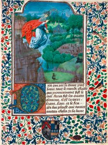 Creazione, il settimo giorno: il Creatore vola sopra la sua opera. Paesaggio con animali. Miniatura dal Libro delle Ore della Contessa di Bretiandos da Unknown artist